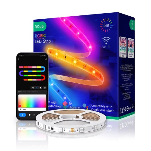 Bandă LED inteligentă Nous Smart RGB+IC WiFi Led Strip F4, 5m, Compatibilă cu Alexa, Google Home, Siri Shortcuts