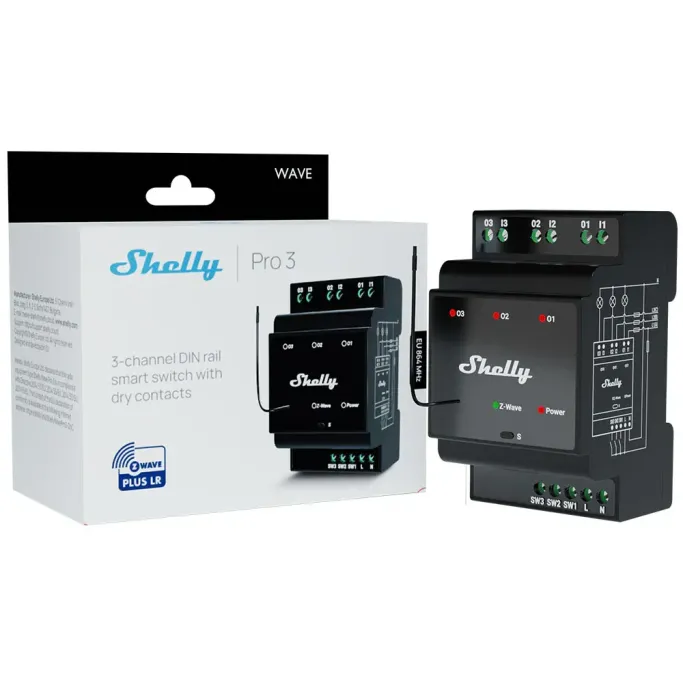 Shelly Wave Pro 3 LR Releu Smart 3 Canale 48A Z-Wave