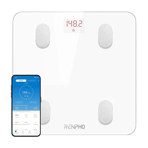 Cantar inteligent / smart de baie Renpho 26M Alb, 180Kg, 13 masuratori, Bluetooth, compatibil Fitbit, Apple Health, Google Fit -